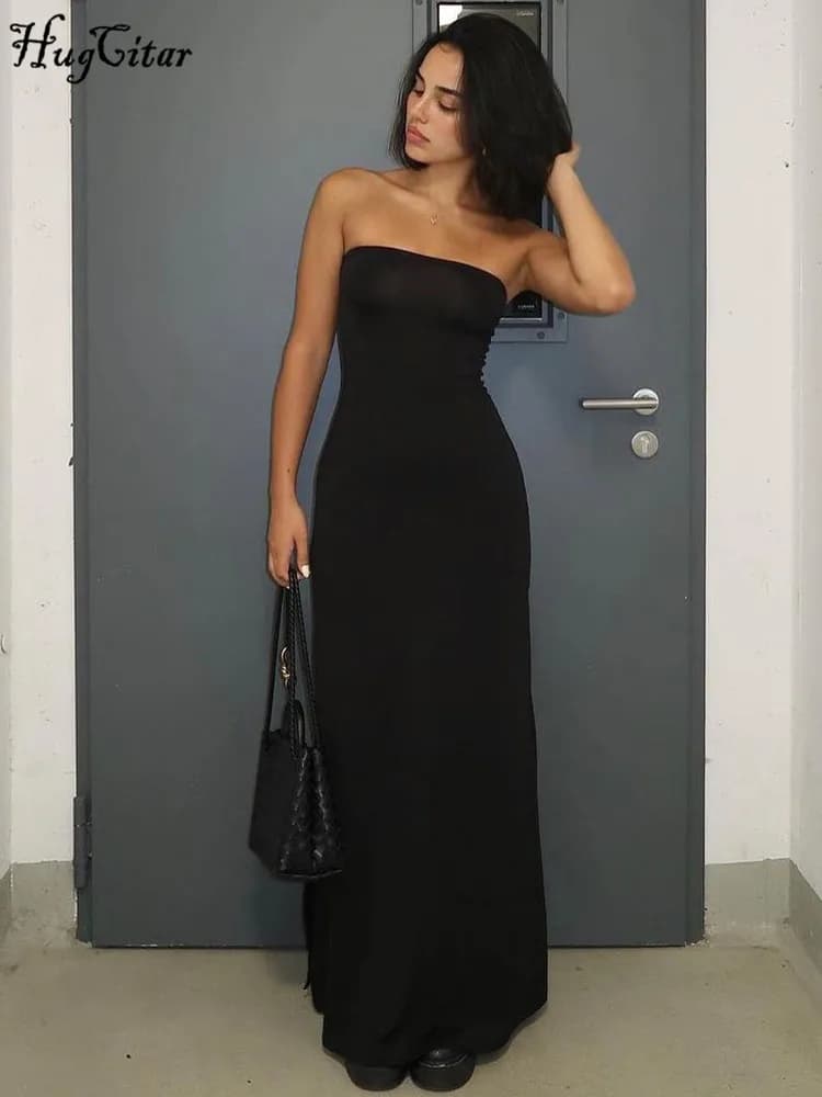 Hugcitar noir sans bretelles à manches longues Sexy moulante Maxi robe de bal 2024 automne hiver élé