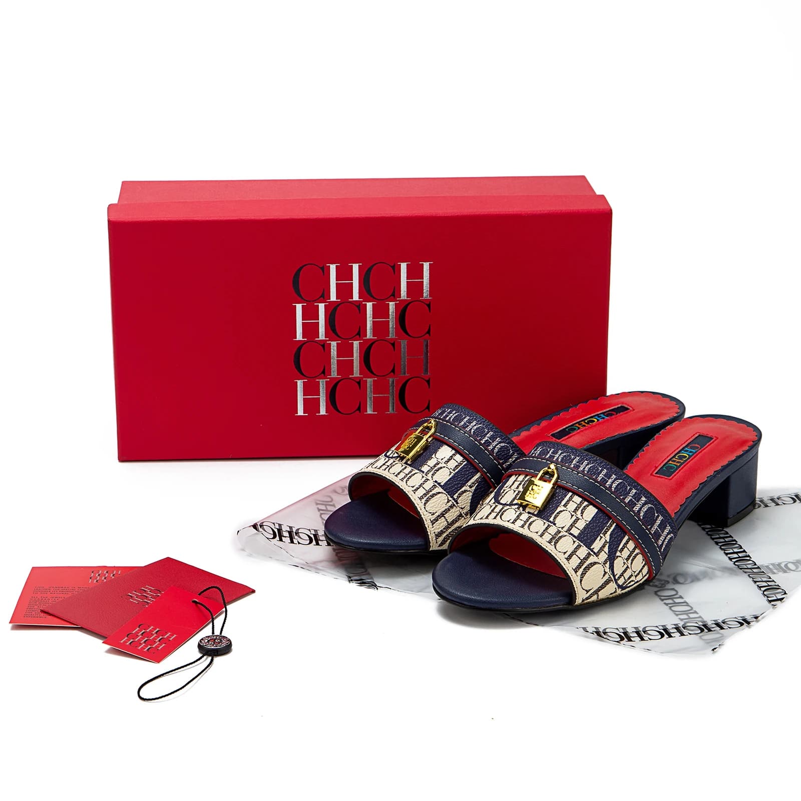 CH à la mode de haute qualité serrure en métal monogramme imprimé femmes pantoufles à talons bas tem