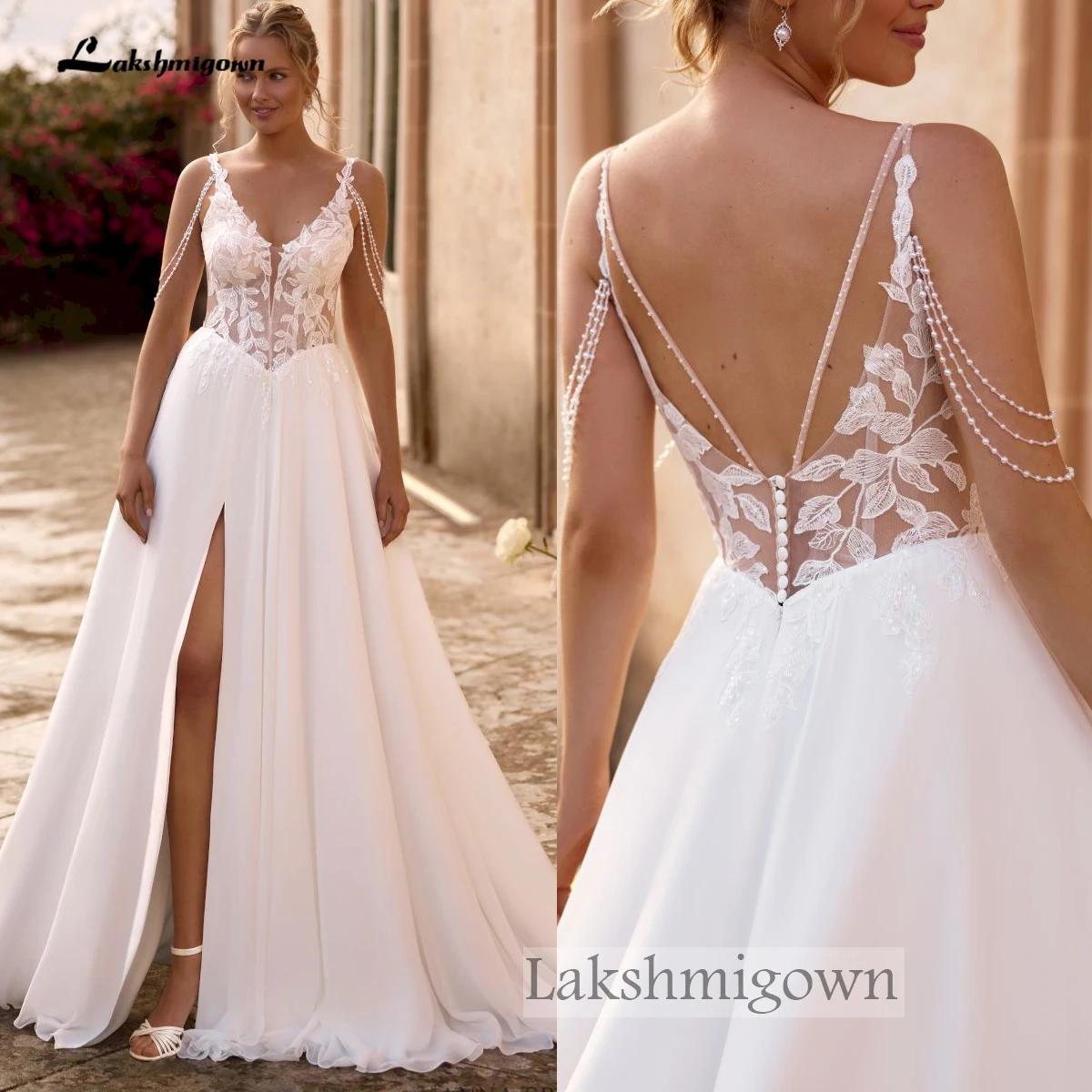 Robe de mariée bohème sexy, col en V profond, bustier en dentelle illusion, bretelles ornées de perl