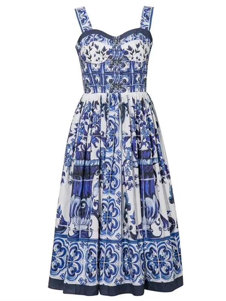 Robe longue d'été JAMERARY à imprimé floral en porcelaine bleue et blanche pour femmes Bretelles Fer