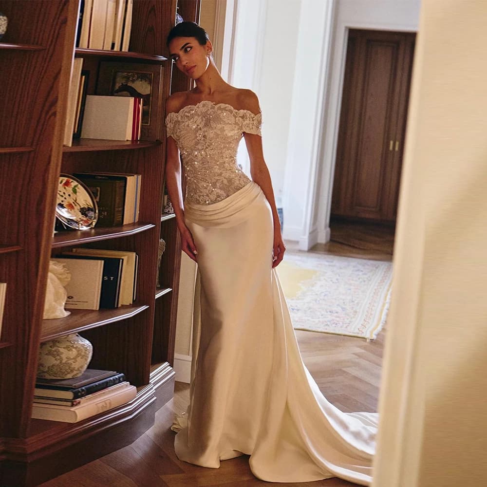 Robe de mariée sirène à épaules dénudées en dentelle, corset à sequins, robe de mariée en satin, élé