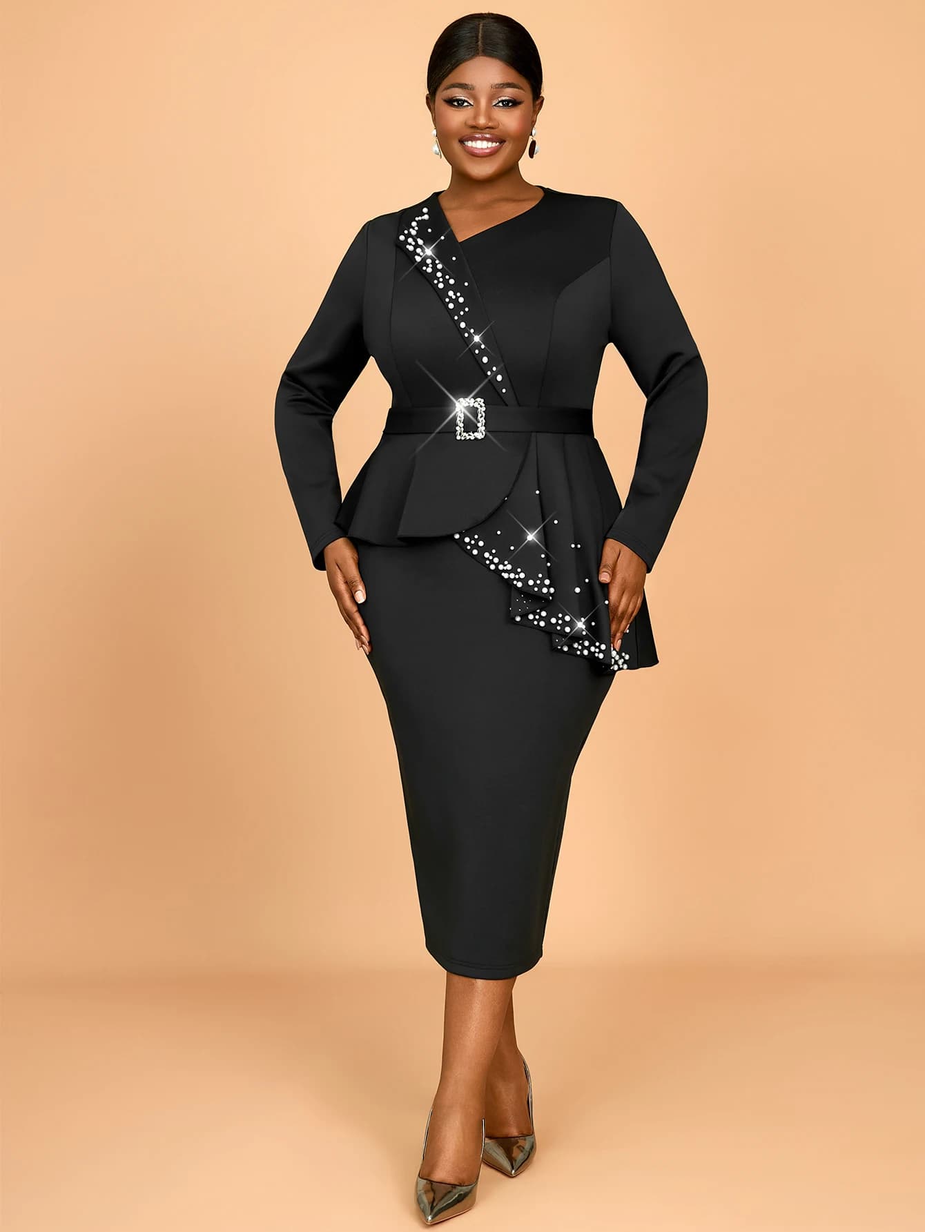Robes noires élégantes pour femmes, col rond, manches longues, volants perlés, taille haute, mode, S