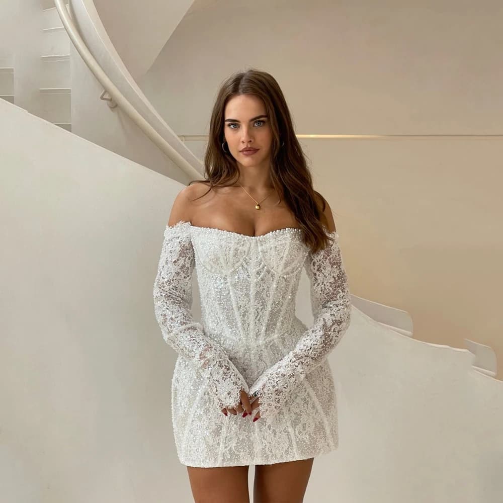 Robes de mariée courtes en dentelle pour la mariée, à manches longues détachables, coupe droite, orn