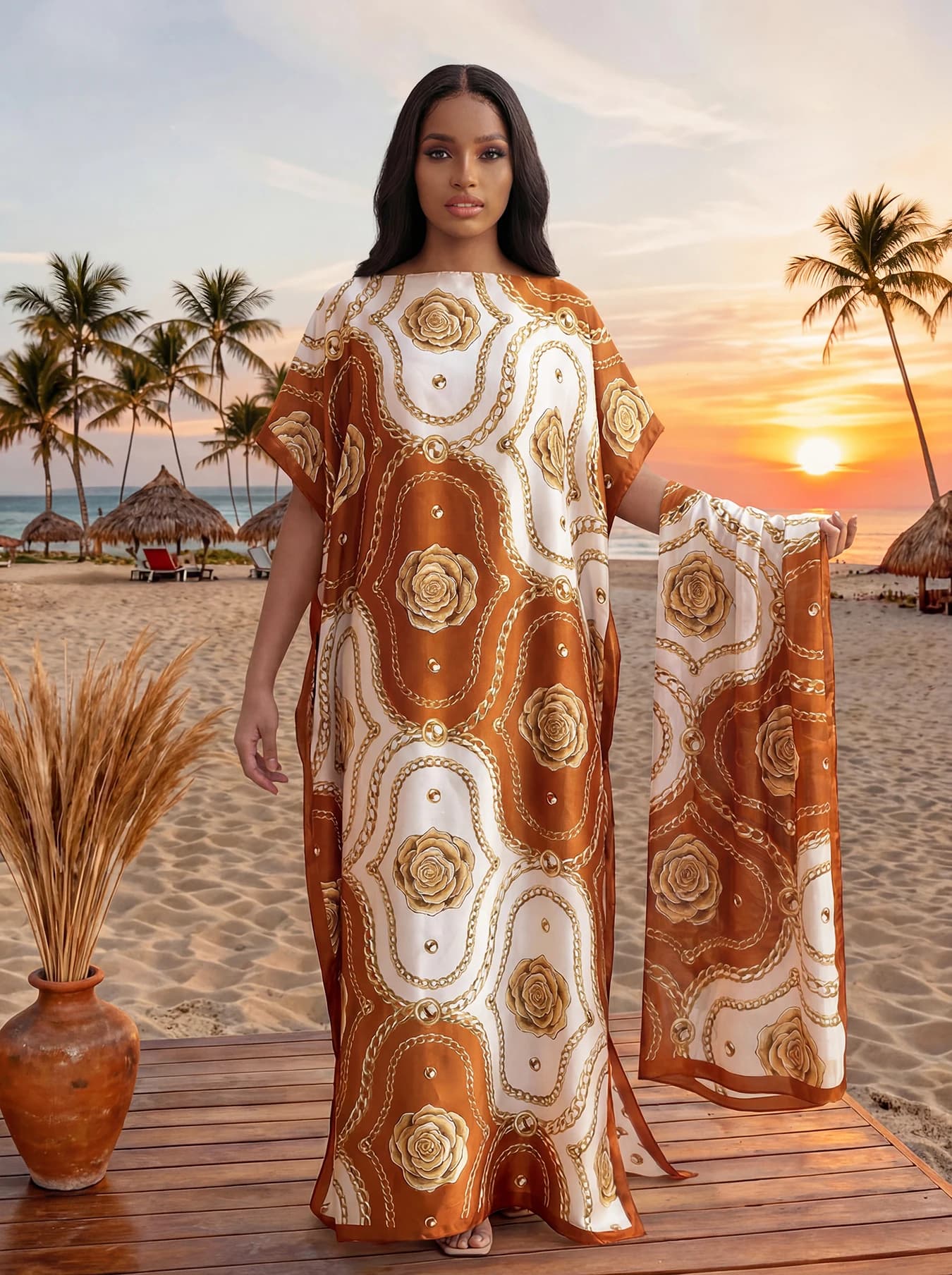 Robe d'été imprimée tendance avec grand foulard, Kaftan Dubaï Turquie, Abaya ample musulmane, Robe d