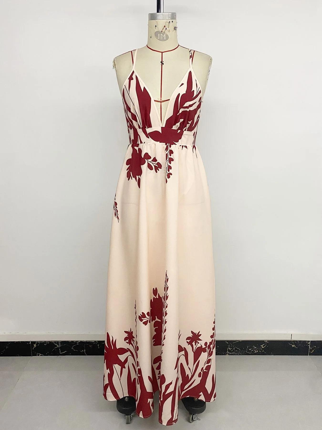 Robe longue décontractée d'été pour femme, col en V, imprimé floral, dos nu, sans manches, style sli