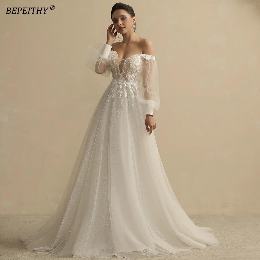 BEPEITHY – robe de mariée style Boho, personnalisée, col profond, manches longues, ligne A, paillett