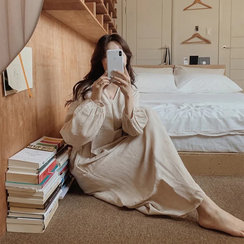 Robe pyjama vintage 100% coton pour femmes, col en V, manches longues, style coréen, confortable, te