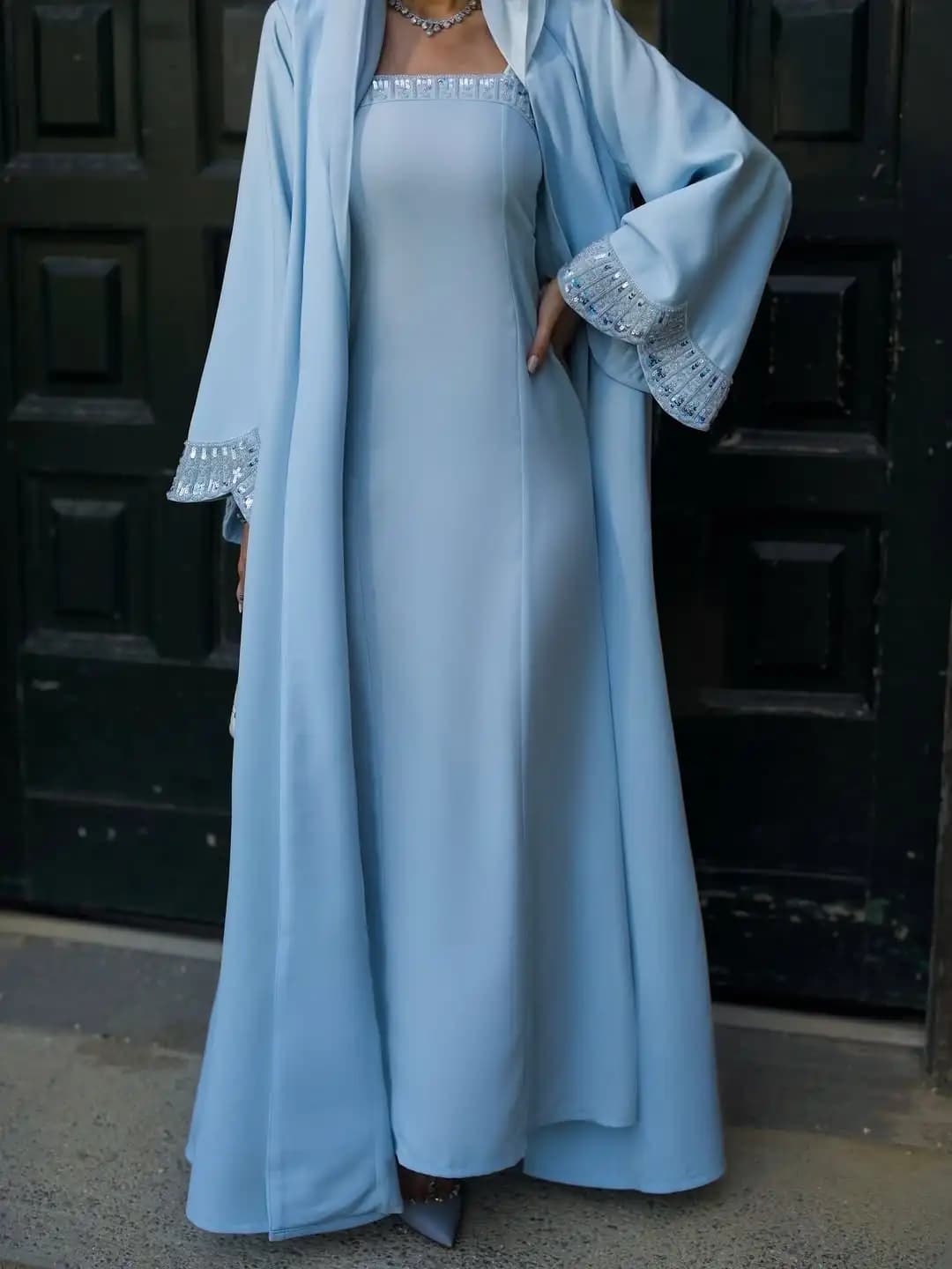 Robes de soirée formelles pour femmes, bleu clair, 3 pièces, abaya perlée modeste avec hijab, longue