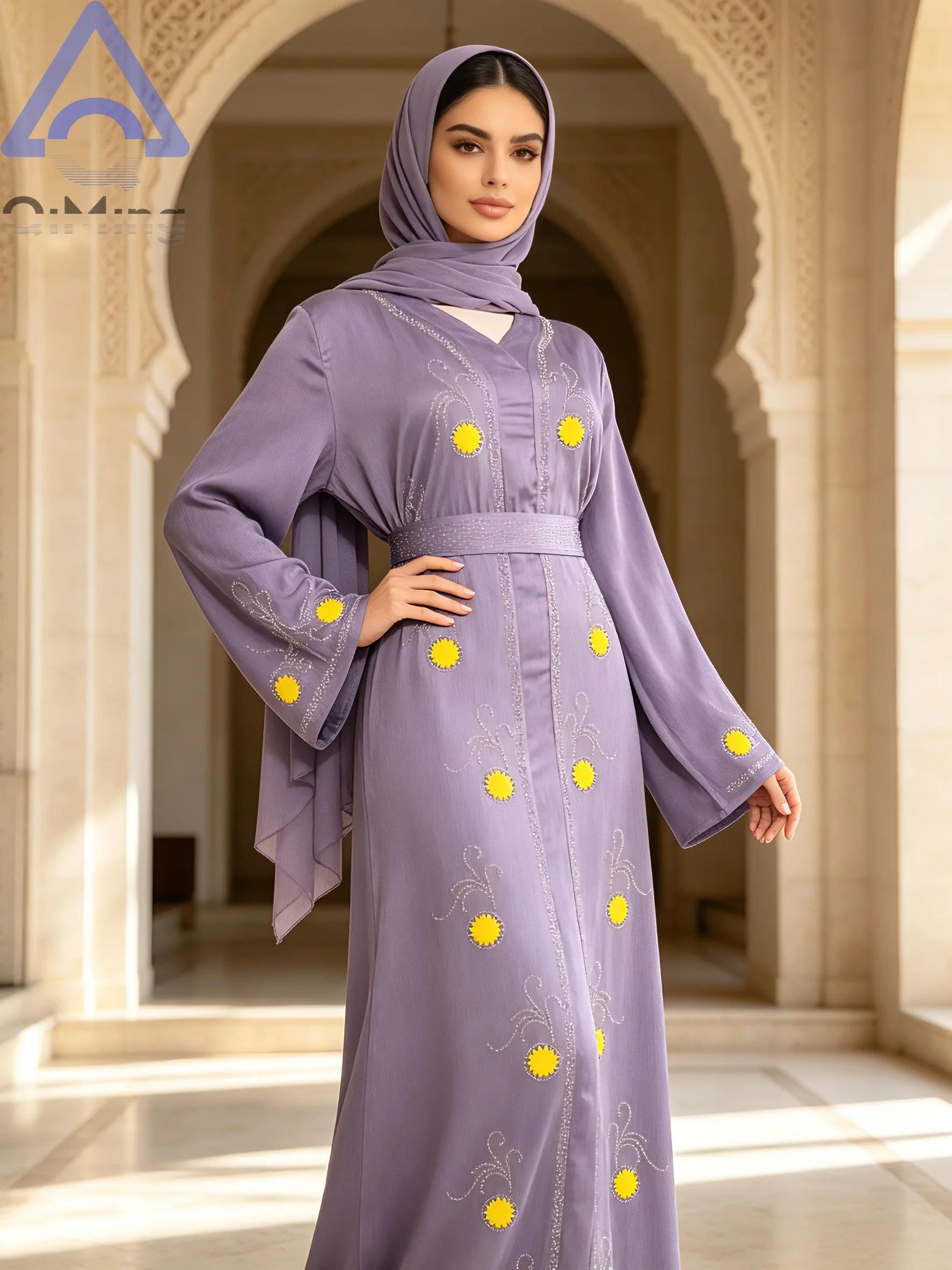Kaftan Abaya Musulmane pour Femme, Robe Longue Marocaine Violette à Col en V et Strass, Modèle Dubai