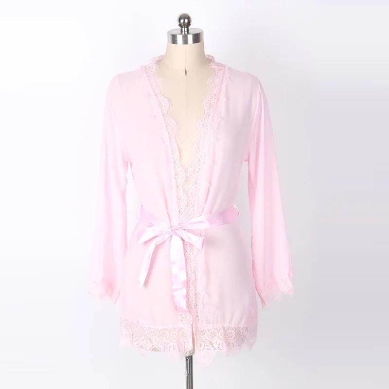 Robe kimono en dentelle transparente pour femmes, manches longues, col en V, ceinture, lingerie de m
