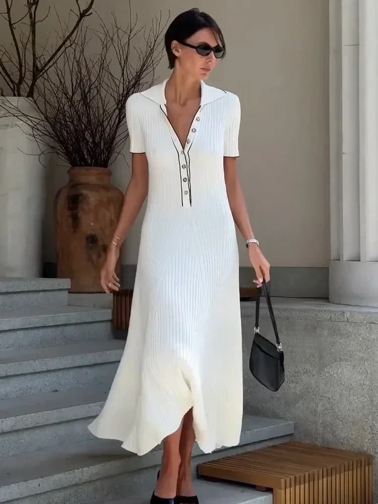 Tossy blanc tricot mode robe Maxi pour les femmes à manches courtes Patchwork robe de soirée élégant