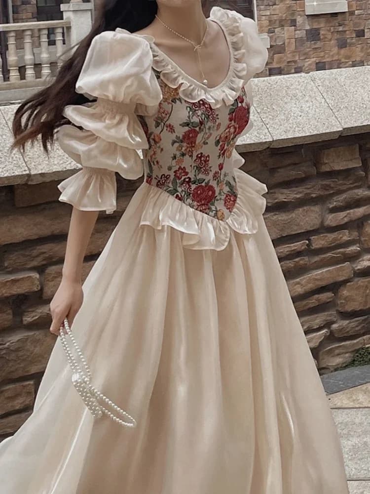 Vintage élégant imprimé robe florale femmes 2023 automne col rond décontracté soirée robe mi-longue 