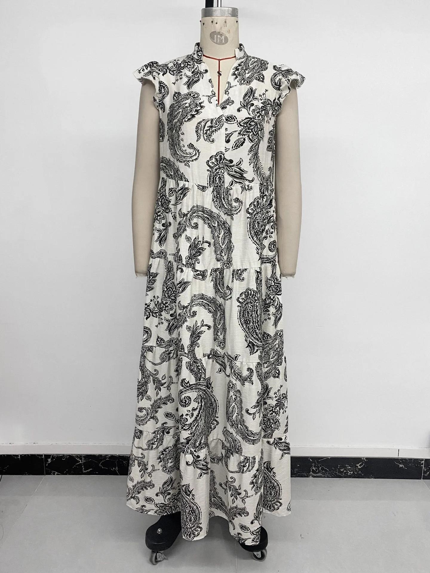 Robe longue décontractée d'été pour femmes, imprimé floral, volants, col en V, manches courtes, styl