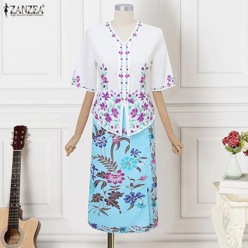 Ensemble de robes pour femmes ZANZEA 2 pièces, imprimé floral, hauts à manches courtes, jupes longue