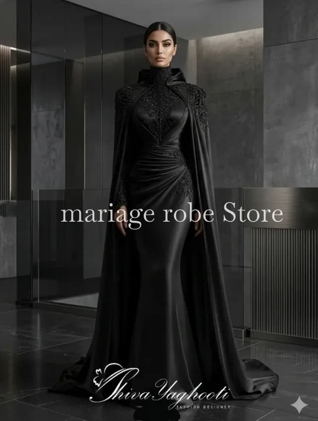 Robes de soirée de luxe noires musulmanes arabes avec cape, manches longues, appliques, tenue de gal