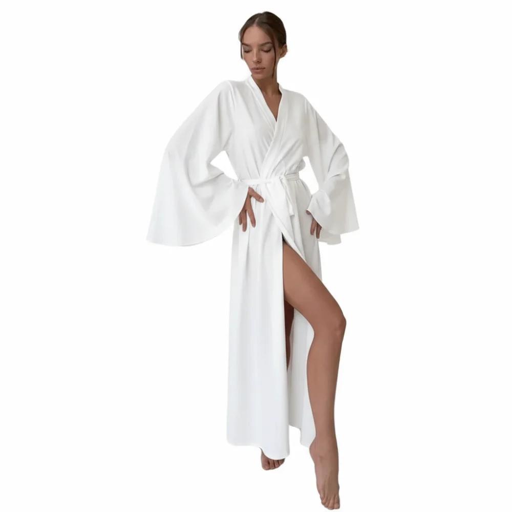 Robe en satin unie style sexy, taille haute, manches longues, ceinturée, avec fente, douce et ample 