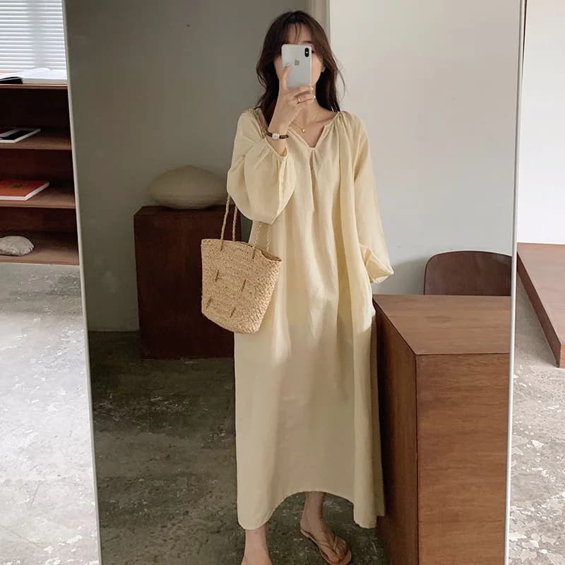 Robe pyjama vintage 100% coton pour femmes, col en V, manches longues, style coréen, confortable, te