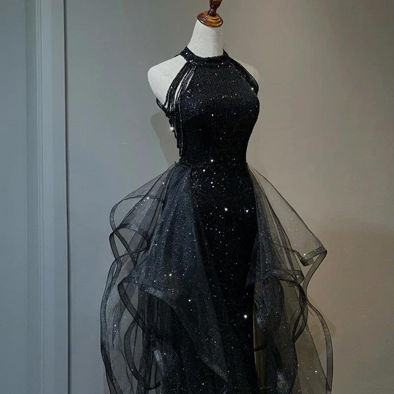 Robe de soirée noire à paillettes, robe de luxe légère à col suspendu haut de gamme, sensation haut 