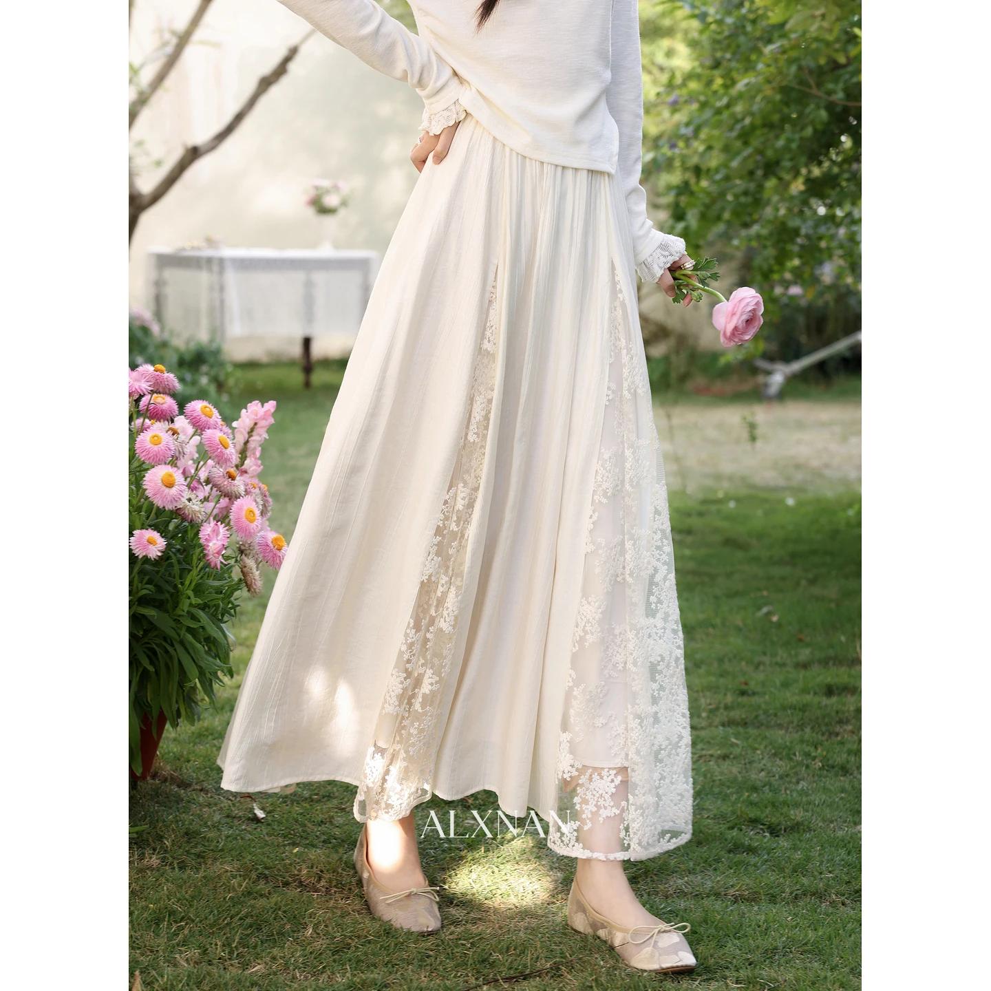 Jupe midi trapèze en tulle blanc abricot style français, jupe longue en dentelle pour femme, collect