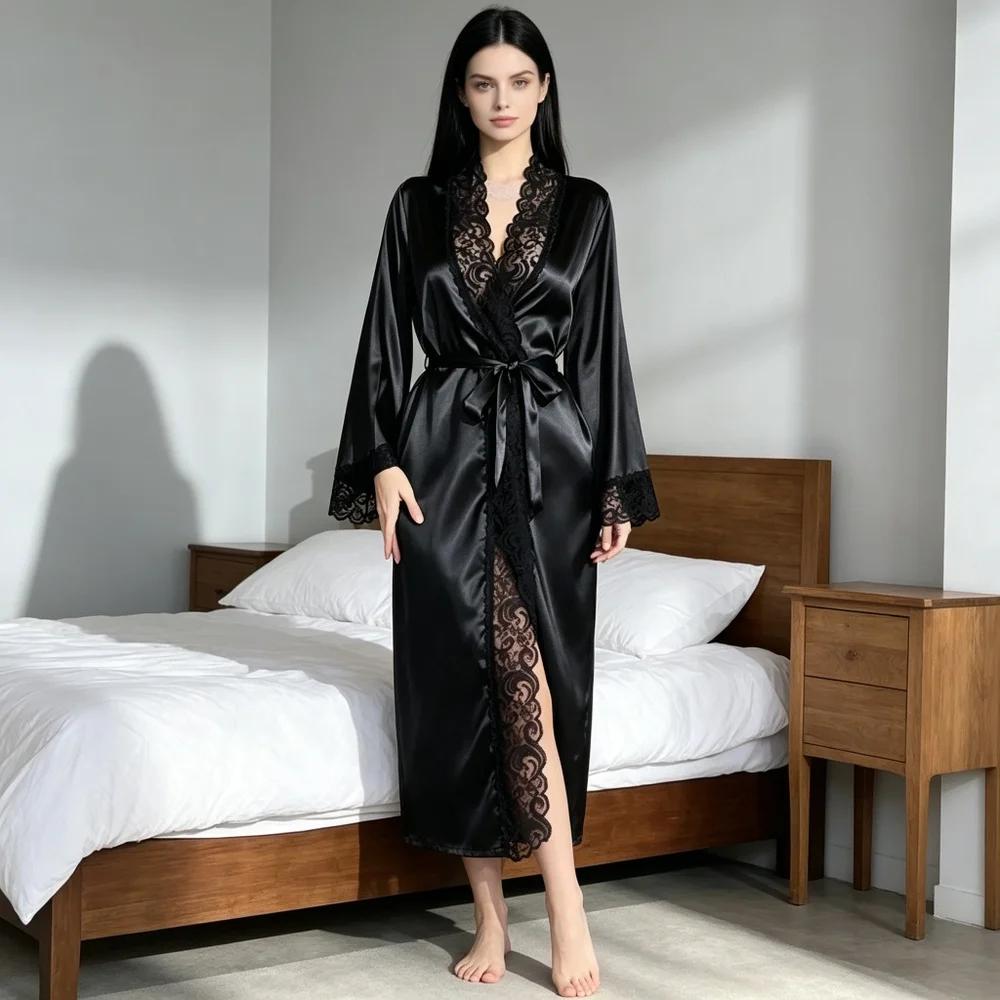 Robe longue en satin pour femme, confortable, chaude, douillette, idéale pour se détendre, avec bord