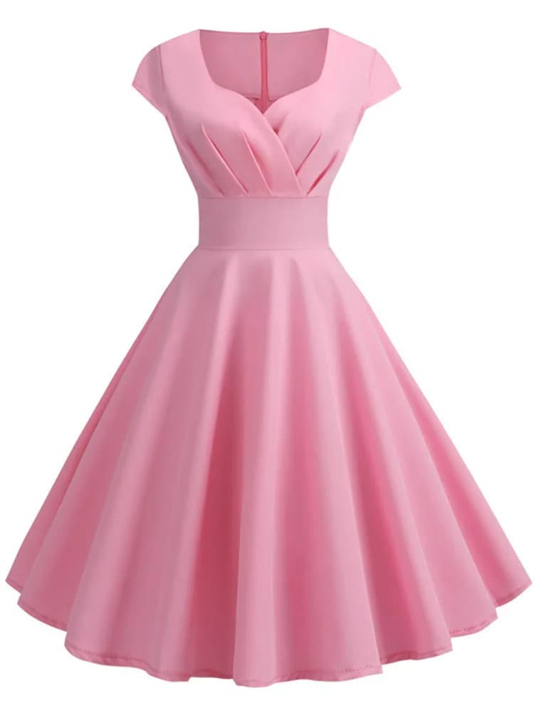 Robe d'été rose pour femmes, col en V, Vintage, élégante, rétro, pin up, fête, bureau, robes mi-long