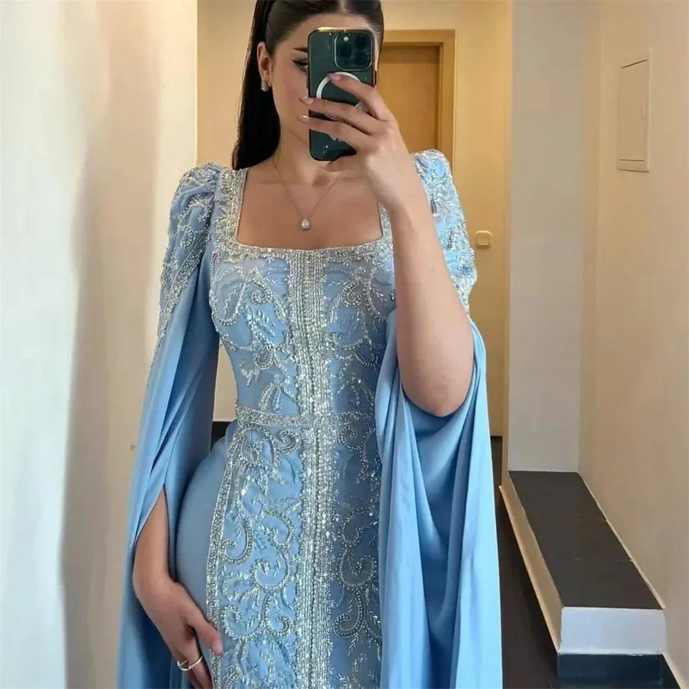 Robe de Soirée en Satin à Manches sulfet Col Carré, Tenue Formelle Classique, Islamique