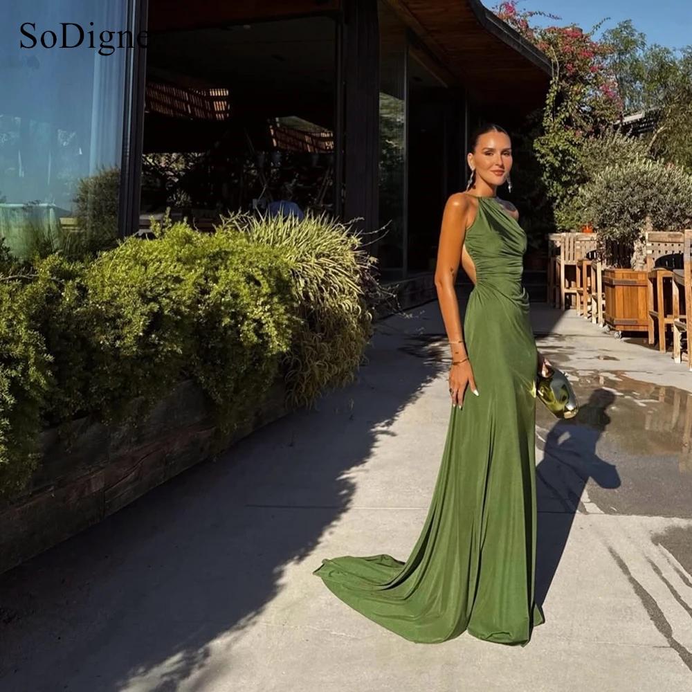 SoDigne – robe de soirée élégante en satin vert, plissée, sans manches, dos nu, robe de bal sexy, co