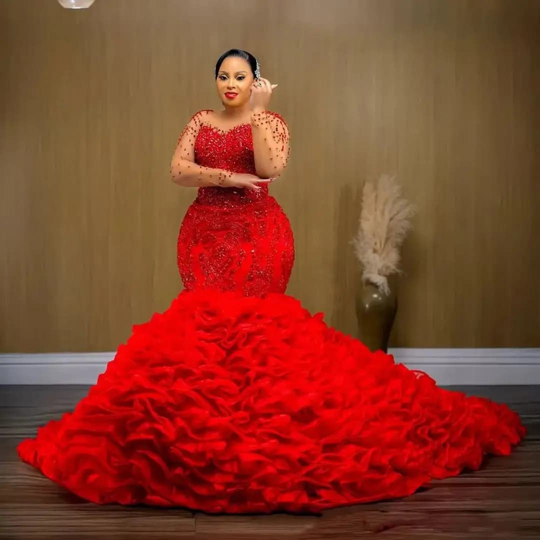 Robes de bal longues rouges pour filles noires, manches longues, volants, robes de soirée d'annivers