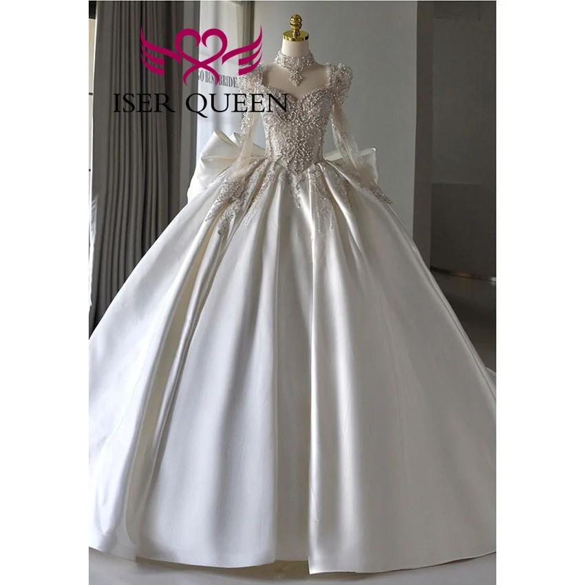 Robe de mariée de luxe en Satin, manches longues, personnalisée, avec grand nœud, dentelle perlée lo