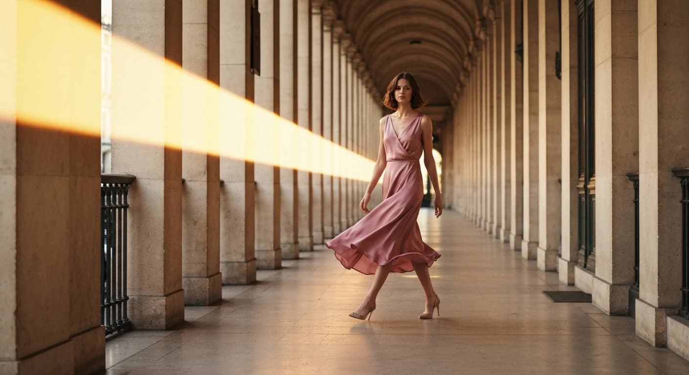 Robe midi en soie poudre, geste editorial sous l'arcade haussmannienne