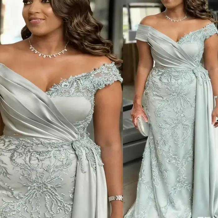 Robe de soirée sirène argentée en dentelle perlée pour mère de la mariée, en satin, coupe cœur, pour