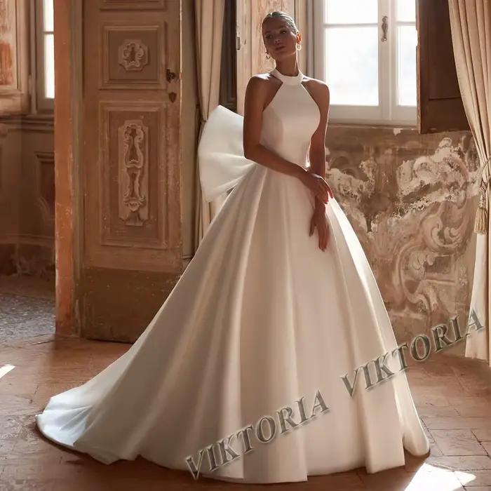 VIKTORIA élégant nœud robes De mariée pour femme mariée Satin dos nu sans manches plissé Robe De Mar