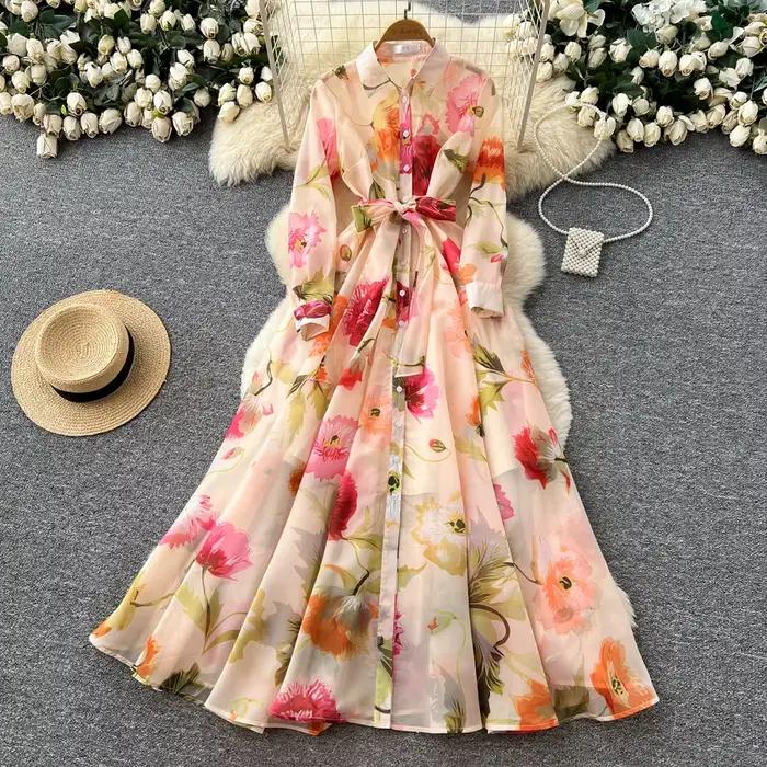 Robe longue élégante à imprimé vacances à la française pour femme, coupe ajustée, manches longues, c