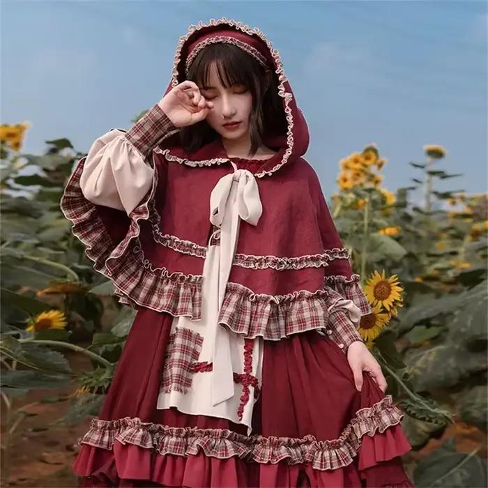 Robe Lolita pour filles, Vintage, Patchwork, robes rouges avec cape, mignonne, Bing Cosplay, petit c