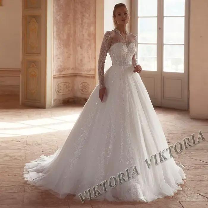 VIKTORIA glamour perles robes De mariée pour femme mariée Tulle manches longues plissé Robe De Marié