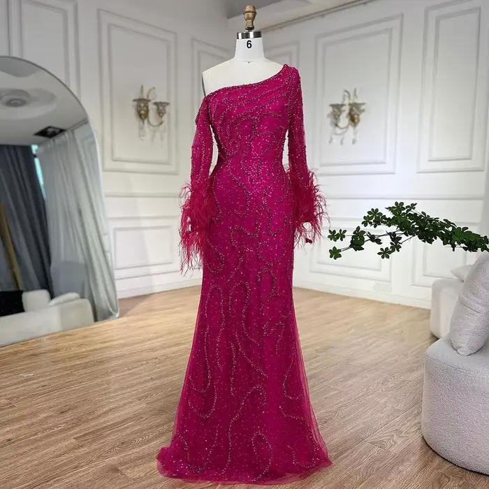 Robe de soirée sirène élégante fuchsia à une épaule, ornée de perles et de plumes, bleue, pour maria