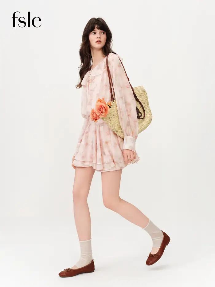 Robe Courte Évasée à Manches Longues Imprimé Floral d'Inspiration Française FSLE 2026 pour Femme - I