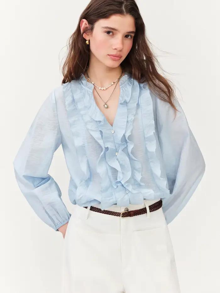 FSLE Nouvelle Collection Été 2026 – Blouse Femme Style Français Col V à Volants, Haut Léger à Ourlet