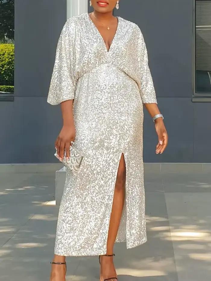 Robe longue à paillettes argentées, col en V, avec manches kimono et fente sur le devant, parfaite p