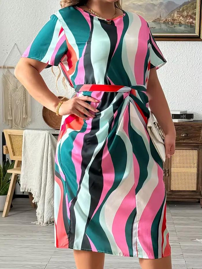 Robe ceinturée à imprimé géométrique pour femmes, col rond, manches cape, grande taille, vêtements é