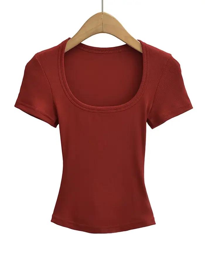 Col carré haute Stretch été culture hauts femmes à manches courtes hauts Sexy pull sommets Blouses m