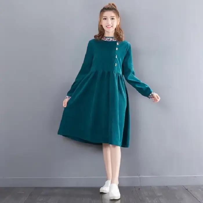 Robe florale vintage en velours côtelé pour femmes, col rond, vert, manches longues, robe élégante,