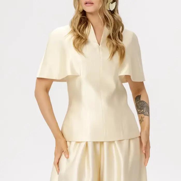 Ensemble deux pièces chic et élégant pour femme, col en V, manches courtes en satin, manches cape, t