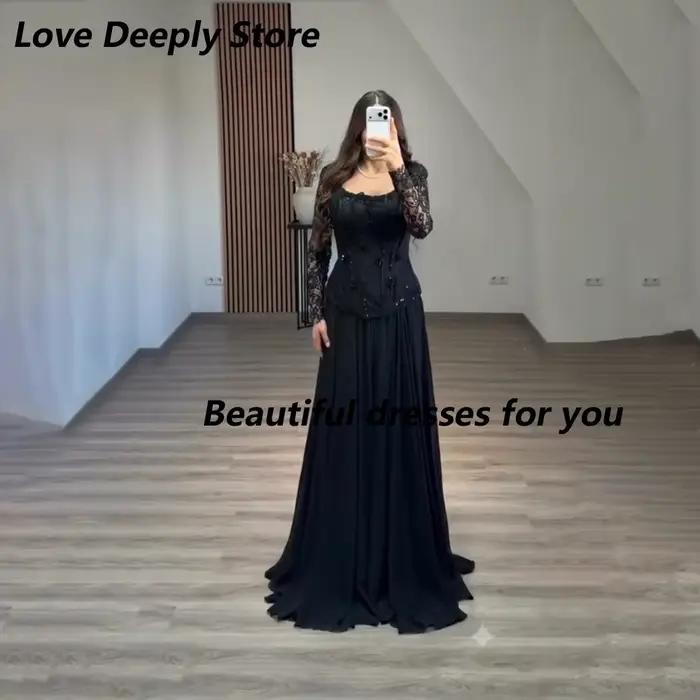 Robe de soirée noire personnalisée pour mariage, col carré, dentelle, manches longues, perles, fronc