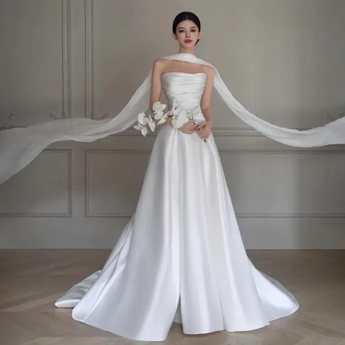 Robe De mariée légère en Satin blanc pour femmes, sans bretelles, petite traîne, robe De soirée élég