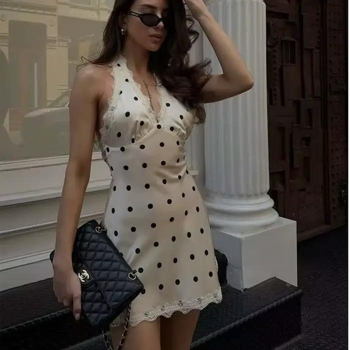 YENKYE dentelle épissé à pois Robe licou femmes élégant a-ligne Mini Sexy dos nu robes Robe d'été 20