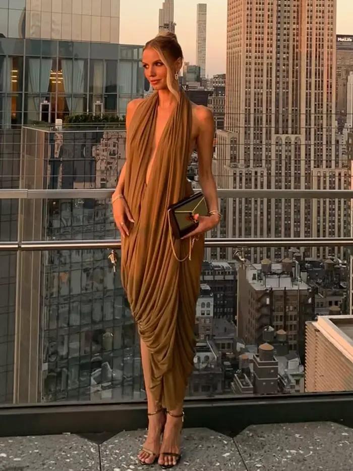 Nibber froncé licou robe Maxi femmes sans manches dos nu ourlet irrégulier solide vacances classique