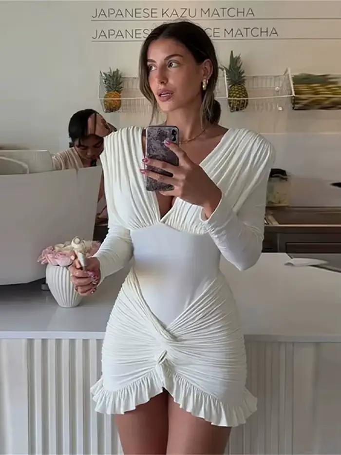 Robes de soirée pour femmes, col en v, gaine cintrée, plissée, manches longues, à volants, vêtements