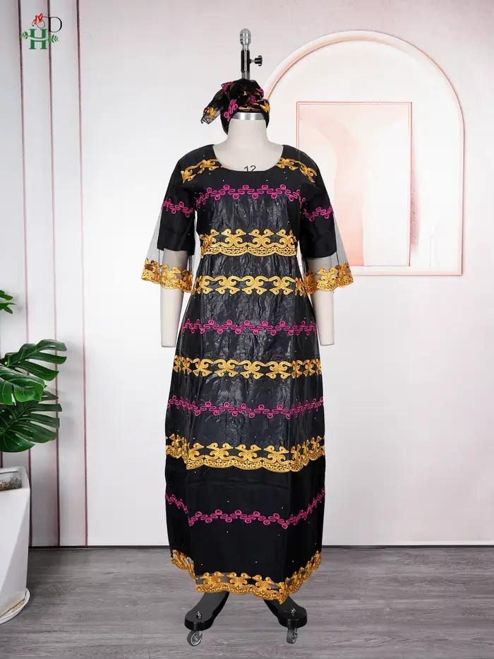 Robes africaines H&D pour femmes, robe brodée Bazin Riche, robe en dentelle patchwork avec turban, r
