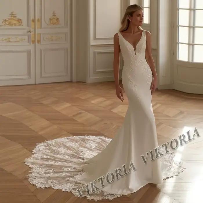 VIKTORIA-Robe de Mariée Sirène Élégante pour Femme, Col en V, Dos aux, FibrSatin, Personnalisée